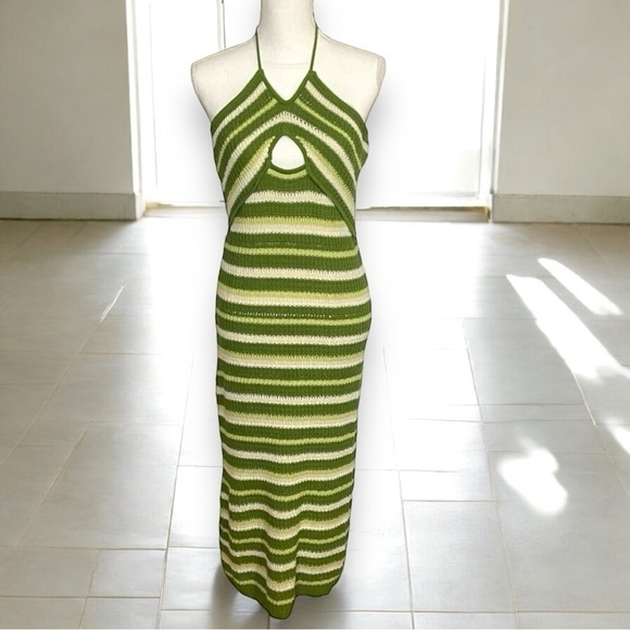 Sincerely Jules Cream & Green Striped Knit‎ Halter Maxi Dress - Picture 1 of 7